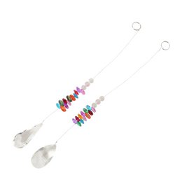  Colorful beaded hanging decoration with silver leaf charms, multicolor beads, delicate wind chime style garden ornament.