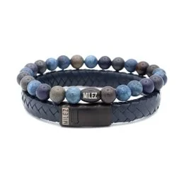 Black leather men's bracelet with woven texture and black metal closure.