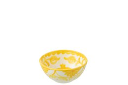  Small decorative ceramic bowl in white and yellow colors with a textured pattern.