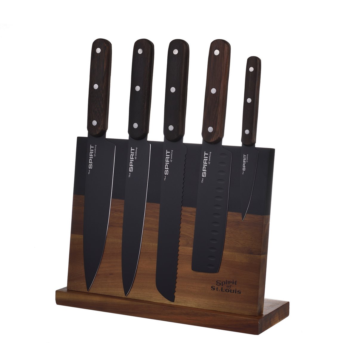 SOSL Bloc de 5 couteaux de cuisines, Set Acier Inoxydable, Titane, avec Bloc en Bois d'Acacia, Couteaux de Chef, Pain,Viande, Poisson, Lame Noire