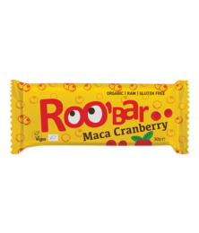Organic maca and cranberry snack bar, 30g, in yellow packaging with red text and graphics.