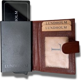 Læderkortholder + nøgleorganer brun — gavesæt til mænd — Lundholm Örebro Safety Wallet