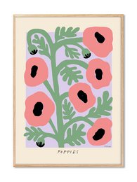 Vibrant floral poster featuring pastel poppies against a neutral background. The poster showcases a bold, stylized design with lush green leaves and striking pink and black floral elements.