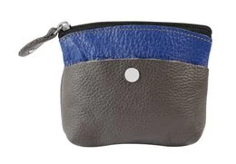 Genuine leather key bag, grey and blue color block design, small coin pocket wallet with zipper closure