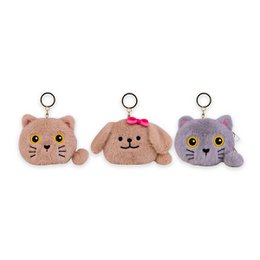  Plush wallet animal with key ring, 3 assorted. Cute animal-shaped plush wallets with key rings in 3 assorted designs - cat, dog, and owl. Ideal for kids to carry their essentials.