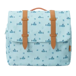 A light blue backpack with a repeating fish pattern, featuring tan leather-like straps and accents.