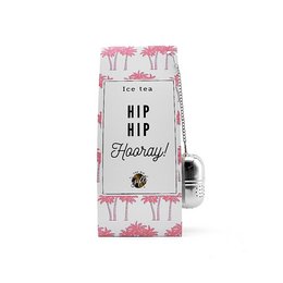 A colorful and festive ice tea gift set with a "Hip Hip Hooray" design, including a glass tumbler and tea infuser.