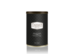 Tahmis Cardamom Turkish Coffee, a traditional Turkish coffee blend with the aromatic flavor of cardamom. Available in 250g, 100g, and 500g sizes.