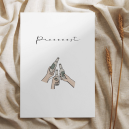 Elegant birthday card with a hand-drawn illustration of two champagne flutes clinking together. The card has the word "Proost" written in cursive script, which means "Cheers" in Dutch.