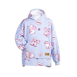 Cozy kids' hoodie/blanket with an all-over elephant print in shades of pink and blue. Made of soft, comfortable material for warmth and coziness.