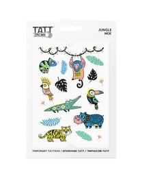 Colorful temporary tattoos featuring various jungle animals such as monkeys, crocodiles, and butterflies. The tattoos come in a variety of shapes, sizes, and designs, allowing for creative expression and customization.