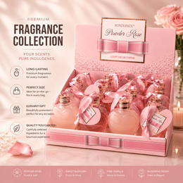 Pink heart-shaped bottle bath shower gel, rose fragrance, feminine floral scent collection display