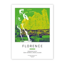 Vibrant poster featuring the iconic skyline of Florence, Italy. Showcases the city's historic architecture and landmarks against a lush, green backdrop.