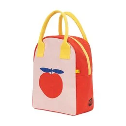 A colorful, insulated lunch bag with a large apple graphic on the front. The bag has yellow handles and a red and pink body, making it a fun and practical choice for kids' lunches.