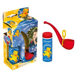 Colorful blow pipe toy with a yellow pipe and red blower. Includes a container with a cartoon character design.