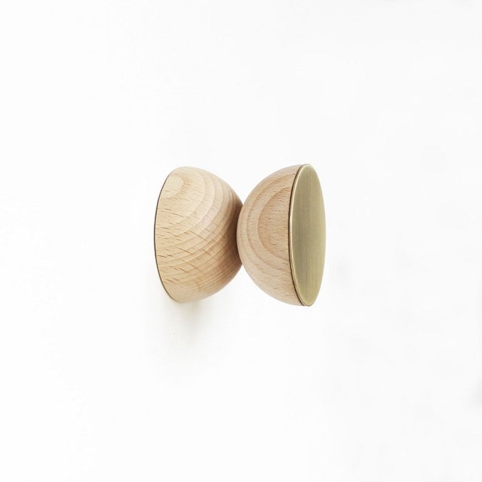 Double Round Beech Wood & Brass Wall Hook / Knob