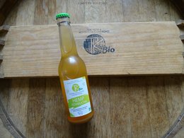 Organic kombucha in a 330ml bottle with a light yellow color and a green cap. The bottle has a label with the text "HEMP Kombucha BIO 330ml".