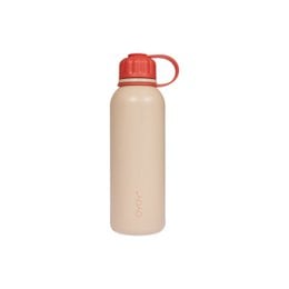 A beige, cylindrical hot water bottle with a red cap. The bottle appears to be made of a durable, insulating material suitable for keeping liquids warm.
