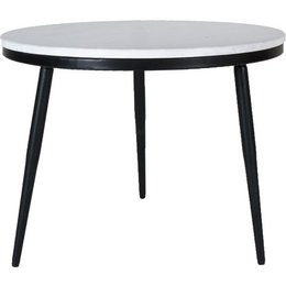 Round coffee table with marble top and black metal legs, suitable for 3-4 people.