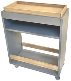 A gray and wood-tone trolley with a tray top and open shelves, suitable for use as a coffee table or storage unit.