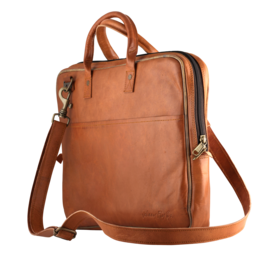 Tan leather laptop bag with adjustable shoulder strap and multiple compartments for storage.