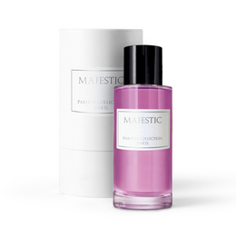 Majestic pink perfume bottle with elegant packaging. Floral, feminine scent.