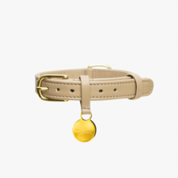 Luxurious leather dog collar with name tag, classic design in sand/taupe color.