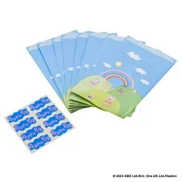 Pack of 16 Cookie Bags with Dr. Oetker Peppa Pig Stickers. The image shows a set of colorful cookie bags and Peppa Pig-themed party supplies, including plates, cups, and stickers. The product is suitable for children's parties or events.