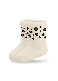 Soft, cozy kids' socks with a leopard print pattern in various sizes from 0-4 years.