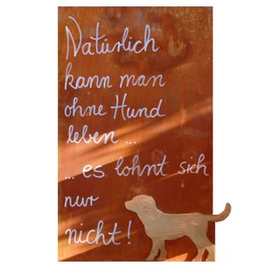Teken Samy, roestig spandoek met hond