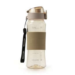 Sustainable drinking bottle in beige color with a sleek, cylindrical shape and a flip-top lid for easy use. Made of durable materials for travel and everyday use.