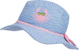 A blue and pink sun hat with a crab design and UV protection for kids. The hat features a wide brim and adjustable chin strap for a comfortable fit.