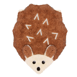 Large brown hedgehog-shaped washcloth made of natural fibers.