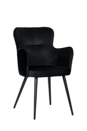 Black velvet upholstered wing chair with black metal legs, set of 2 dining chairs