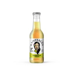 Citrus and basil flavored kombucha in a glass bottle with a label featuring a portrait.