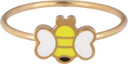 A gold-colored children's ring with a bee design. The ring features a yellow and white enamel bee motif.