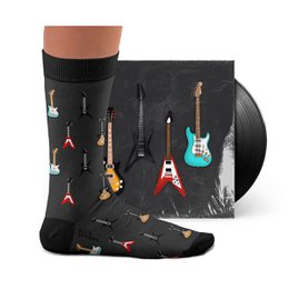  Grey socks with colorful electric guitars and rock music motifs. Suitable for music lovers and guitar enthusiasts.