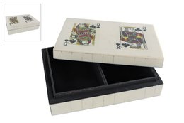 A rectangular box with a black interior and a white exterior. The top of the box features two square panels with decorative designs, likely depicting animals or nature scenes.