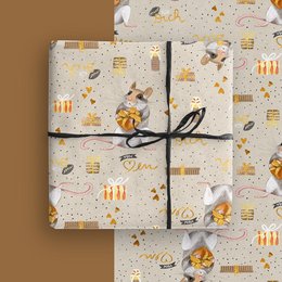 Wrapping paper with a whimsical mouse design, featuring various patterns and shapes in warm, earthy tones.