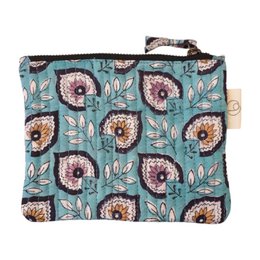  Printed cotton pouch with floral pattern in shades of teal and red. Compact size suitable for coins, cards, or small items. Durable zipper closure.