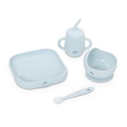 4-piece tableware set in silicone, includes square plate, bowl, sippy cup, and spoon in a modern blue design.
