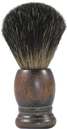 A shaving brush made of stained beech wood with a dark, bristly head. The brush has a wooden handle with a dark, rustic finish, suitable for beard care.