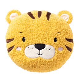  A round, plush yellow cushion with a tiger face design. The cushion features a cute, smiling tiger face with black stripes and a white muzzle.