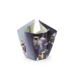 Decorative vase with purple and white flowers, featuring a bow design and gold accents.