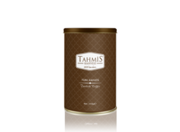 Turkish coffee in a brown tin container with the Tahmis brand name. The coffee is available in 250g, 100g, and 500g variants.