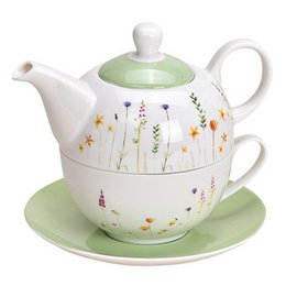  A porcelain teapot set with floral decor, including a teapot, cups, and saucers. The set is white with green accents and measures approximately 16x15x15cm. The teapot holds 450ml and the cups hold 200ml.