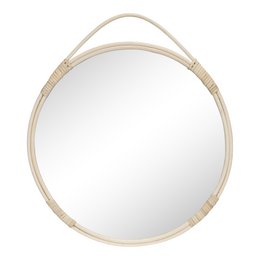 A round wall mirror with a natural wood frame and a hanging rope. The mirror has a simple, minimalist design that would complement a variety of decor styles.