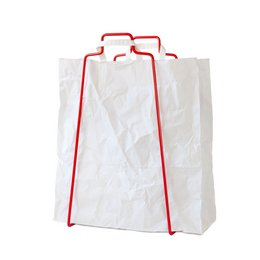A red paper bag holder with a simple, minimalist design. Made of durable paper material, it can be used to store and organize various household items.