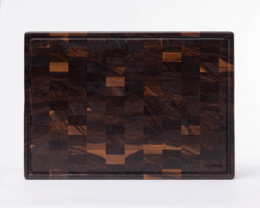  Walnut end-grain cutting board, dark brown wood with geometric pattern, rectangular shape, natural material.
