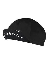  Black cycling cap with RIDEDAY text, curved visor, sporty athletic headwear for cycling enthusiasts.